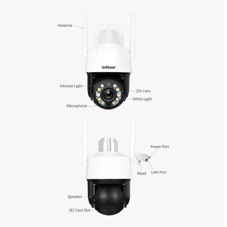 SriHome SH041 5.0MP 20X Optical Zoom 2.4G/5G WiFi Waterproof AI Auto Tracking H.265 Video Surveillance SriHome SH041 5.0MP 20X Optical Zoom 2.4G/5G WiFi Waterproof AI Auto Tracking H.265 Video Surveillance
